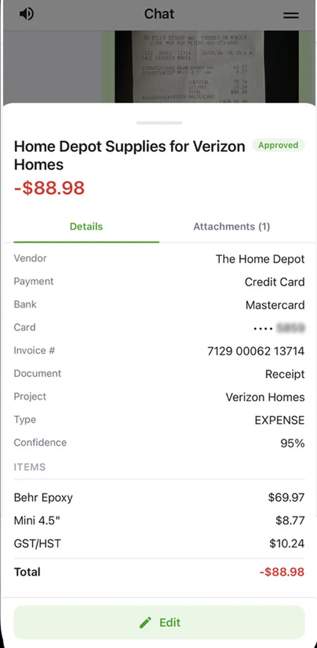 An AI-extracted transaction with vendor, tax, line items and a 95 percent confidence score